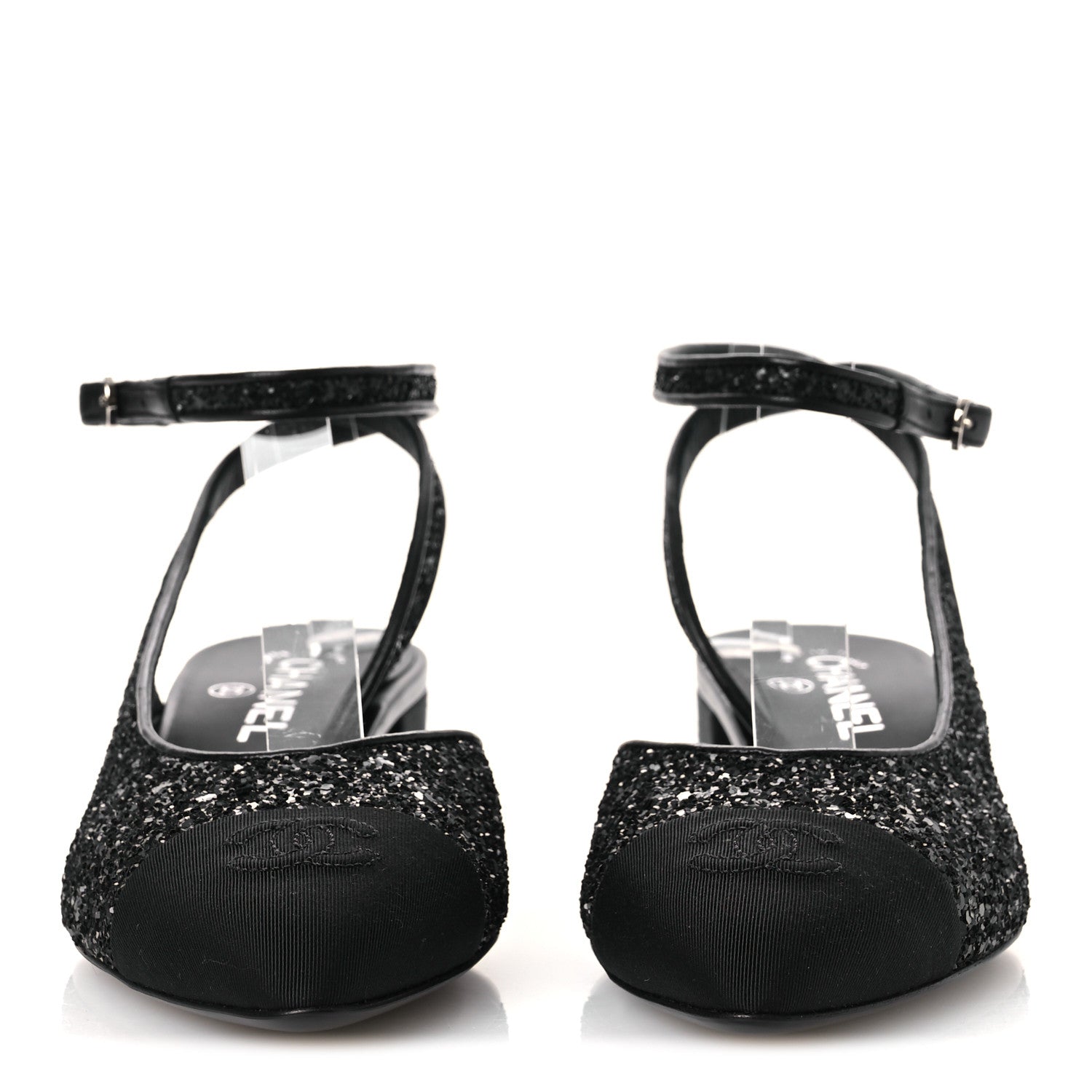 Chanel Glitter Grosgrain Cap Toe CC Ankle Wrap Pumps 38 Black 3 of 11