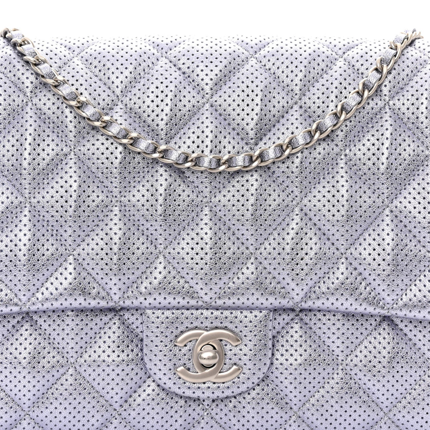 Metallic Perforated Lambskin Quilted Clutch With Chain Flap Silver