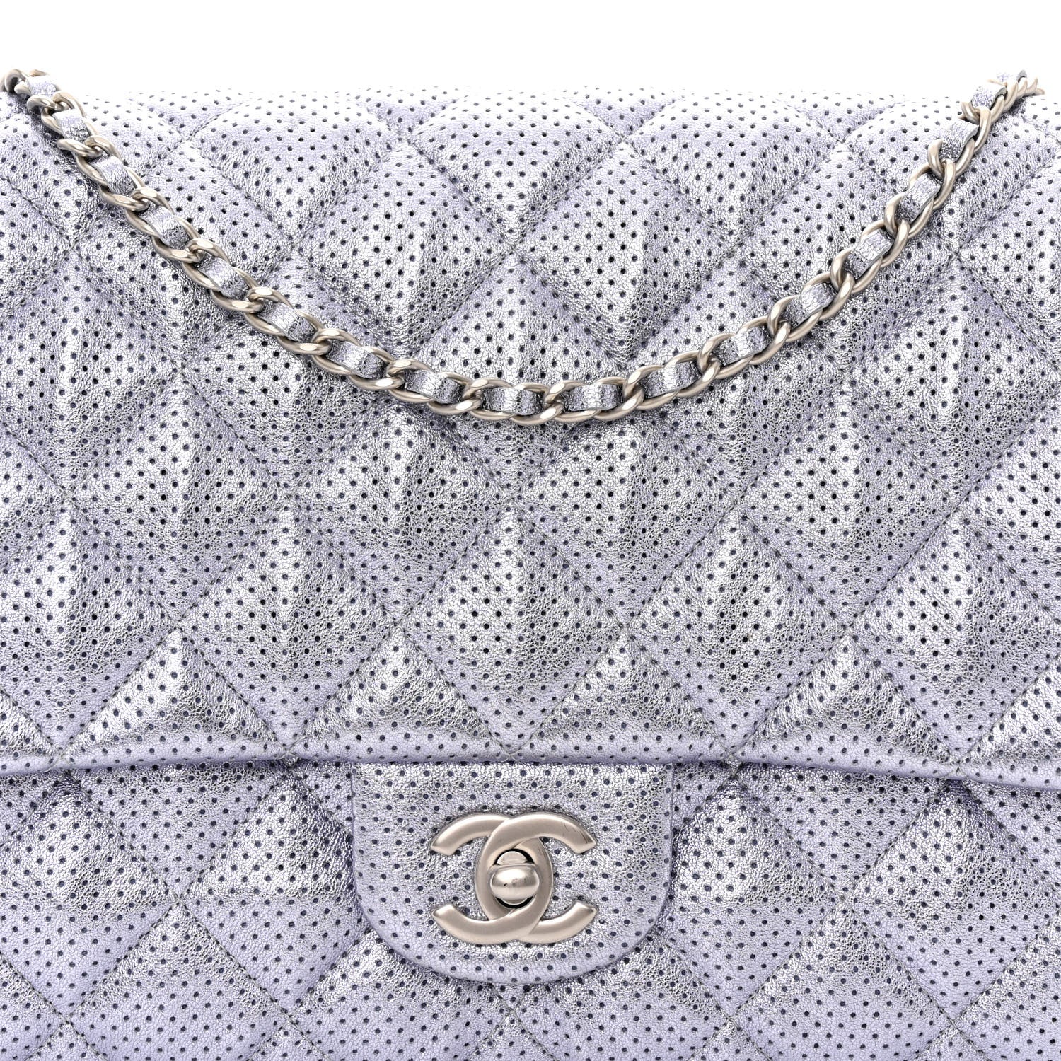 Chanel Metallic Perforated Lambskin Quilted Clutch With Chain Flap Silver 8 of 11