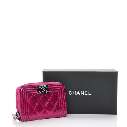 Chanel Metallic Patent Quilted Zip Around Boy Coin Purse Wallet Fuchsia 5 of 8