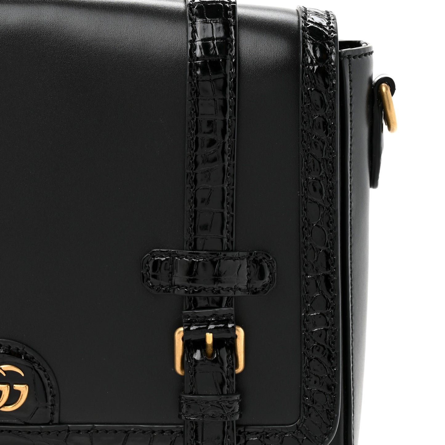 Calfskin Crocodile GG Double Buckle Medium Messenger Bag Black