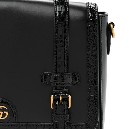 Gucci Calfskin Crocodile GG Double Buckle Medium Messenger Bag Black 8 of 12