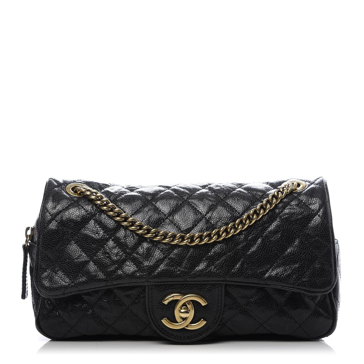 Crumpled Grained Calfskin Quilted Small Shiva Flap Black