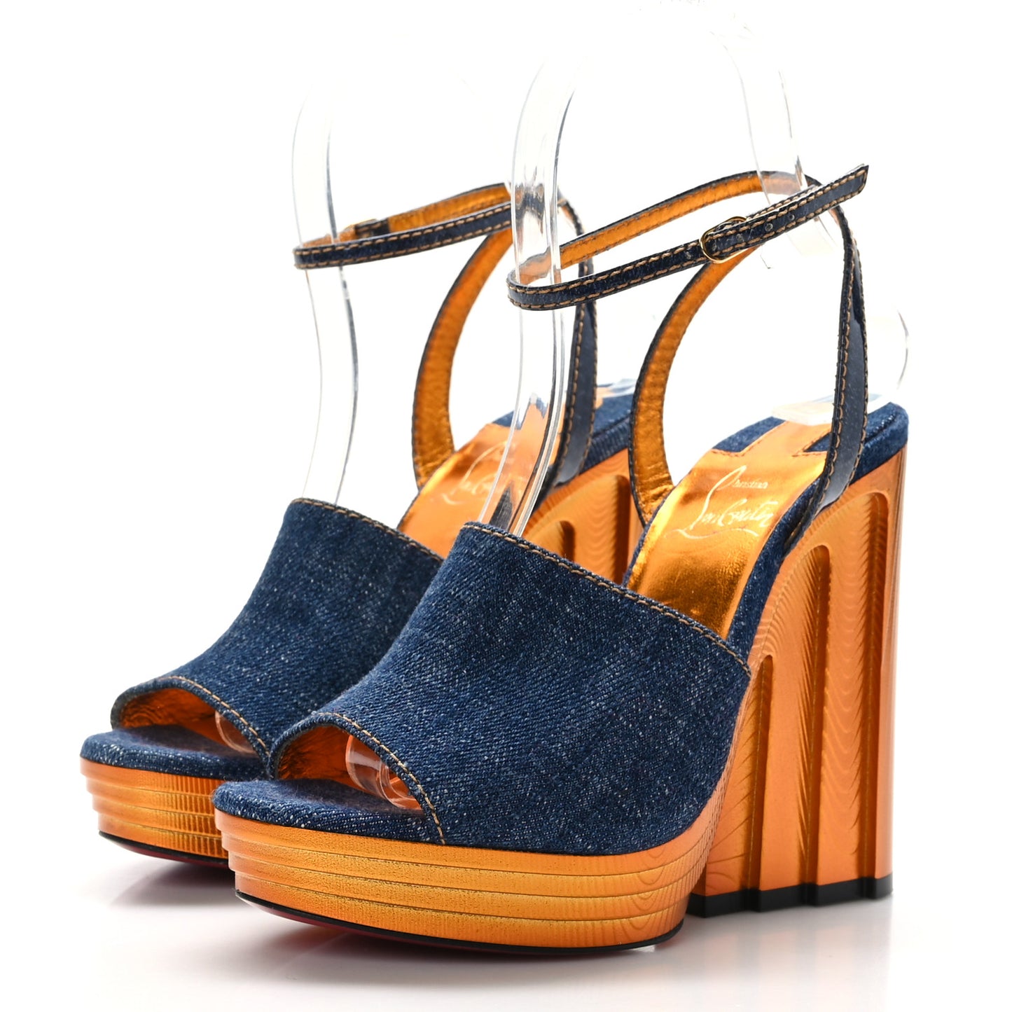 Denim Calfskin Mira Colunata 120 Sandals 36.5 Lin Brandy Gold