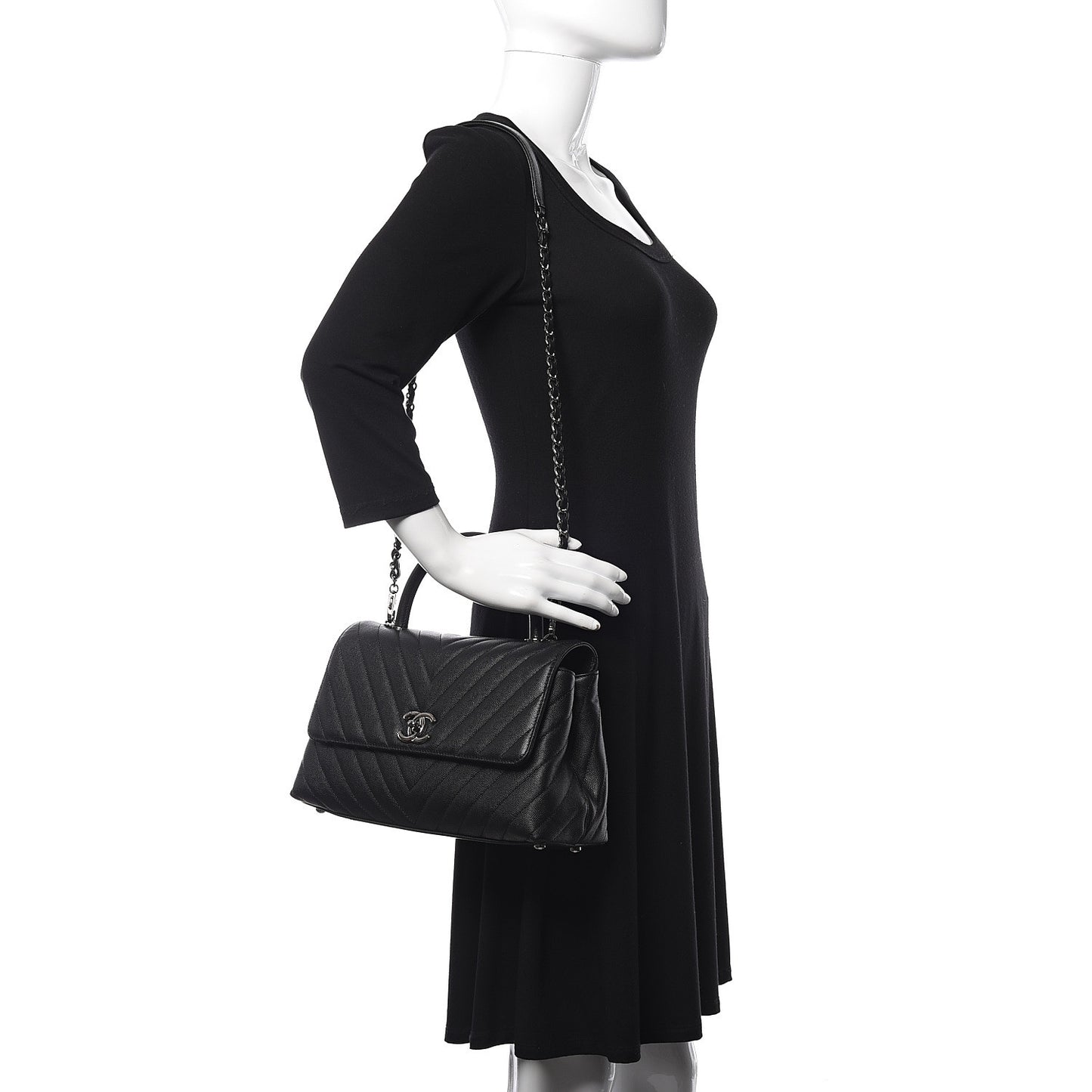 Caviar Chevron Quilted Small Coco Handle Flap Black