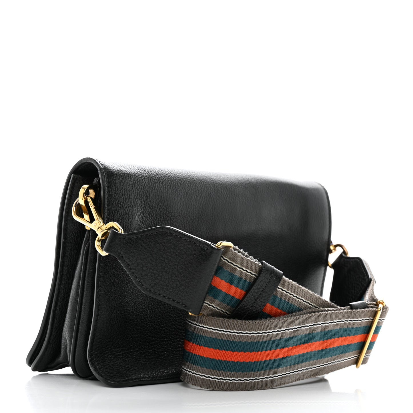 Vitello Daino Double Strap Flap Crossbody Black