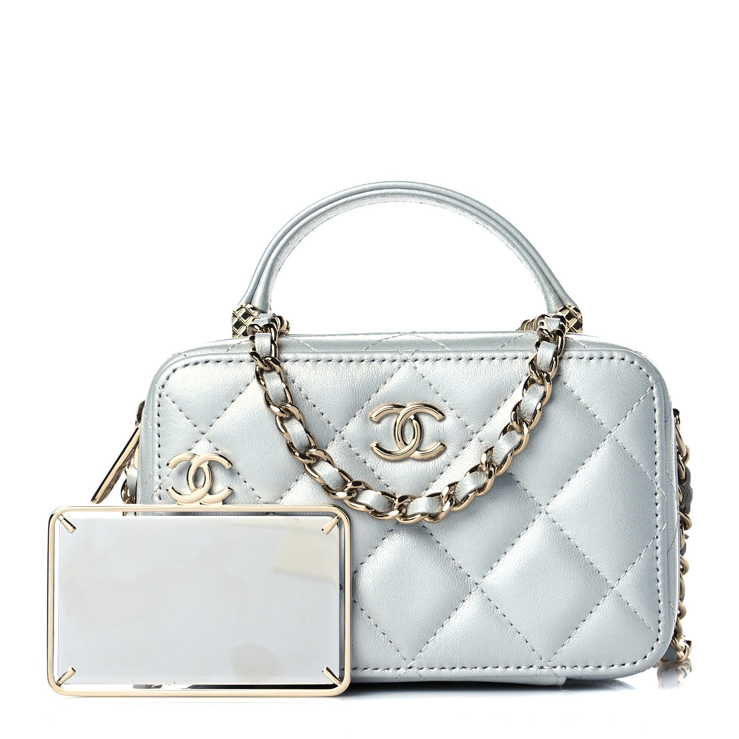 Chanel Metallic Lambskin Quilted Top Handle Vanity Case Silver 1 of 11
