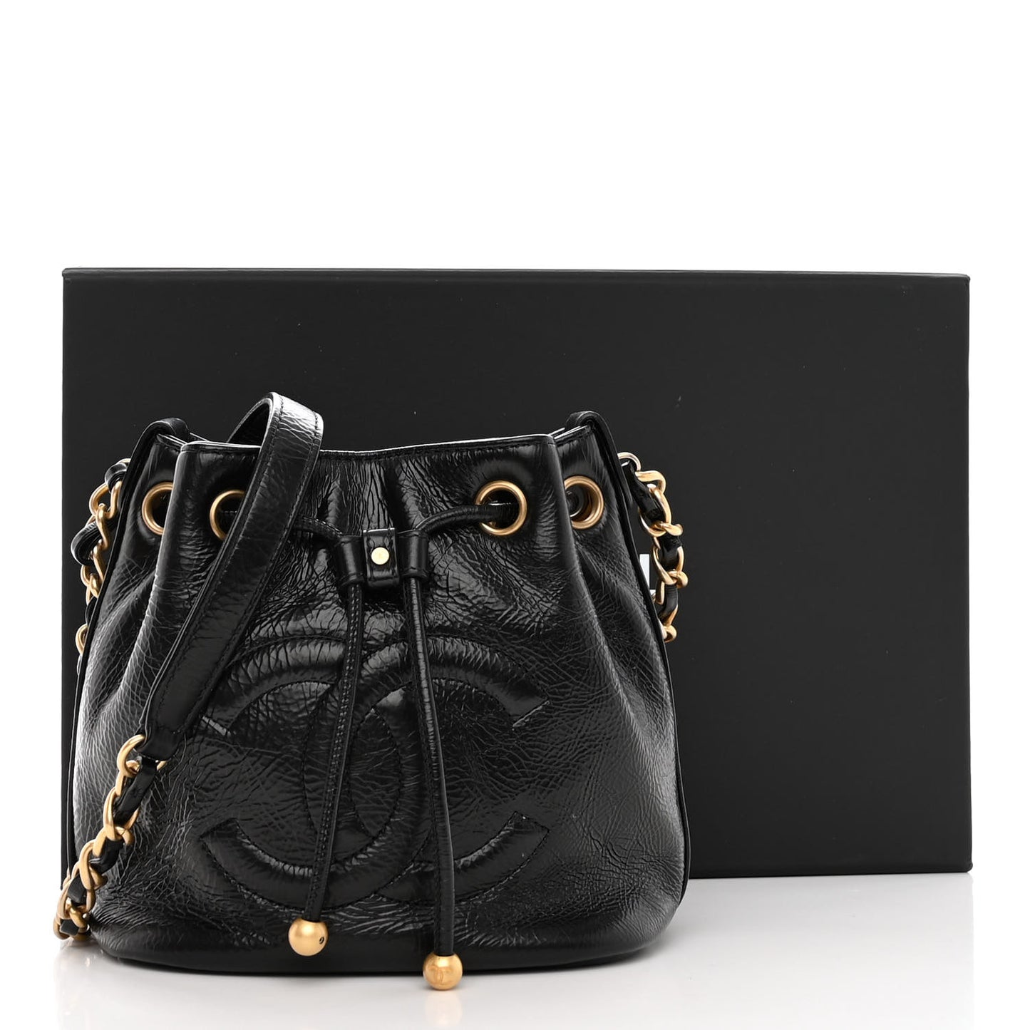 Shiny Aged Calfskin CC Chain Mini Drawstring Bag Black