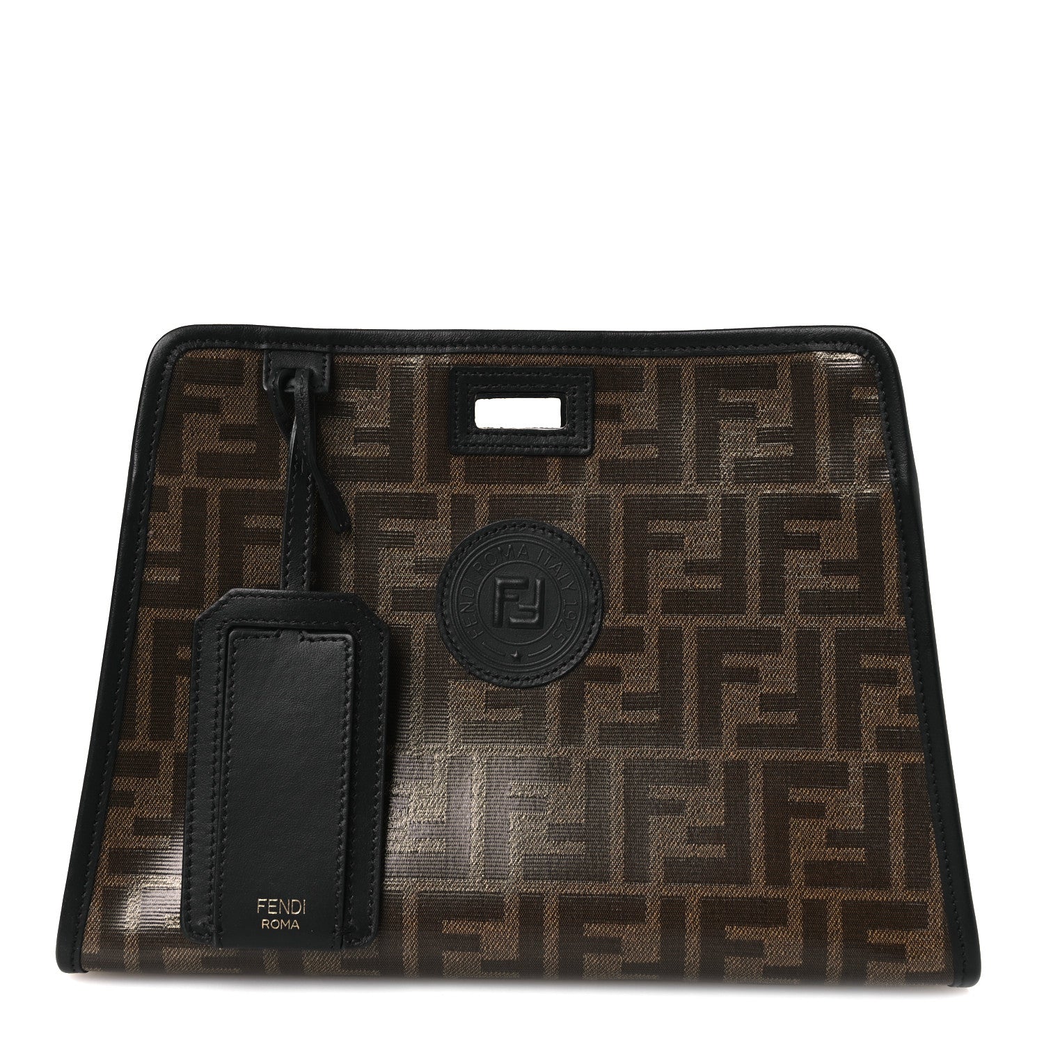 Fendi Glazed Fabric Vitello Century FF 1974 Stamp Patch Mini Peekaboo Defender Cover Mogano Panna Black 1 of 8