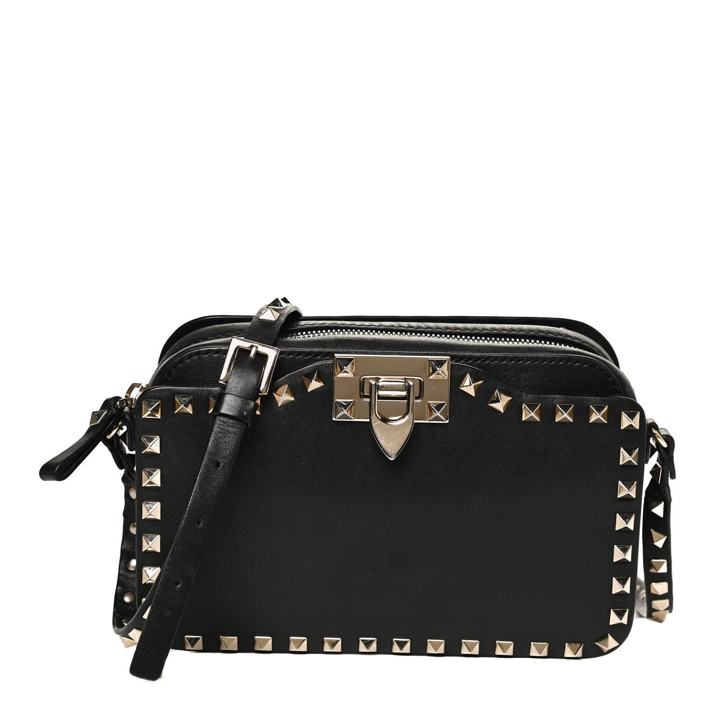 Vitello Rockstud Flip Lock Camera Crossbody Bag Black