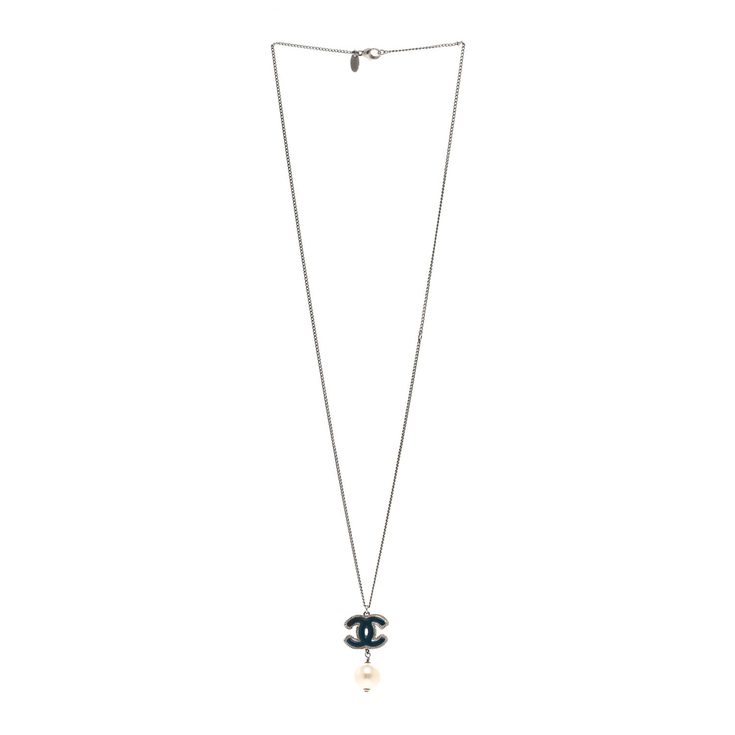 Enamel CC Pearl Drop Necklace Blue Silver