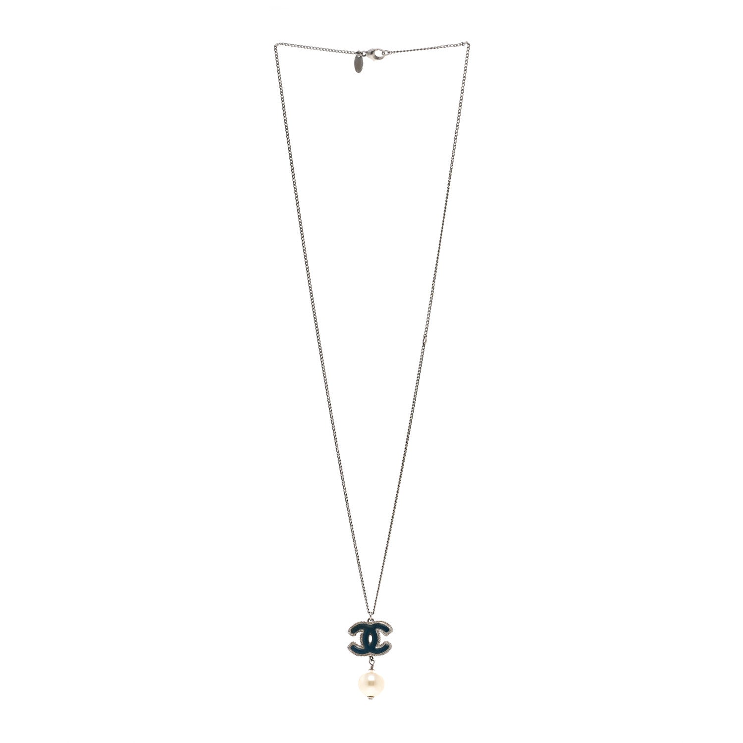 Chanel Enamel CC Pearl Drop Necklace Blue Silver 3 of 6