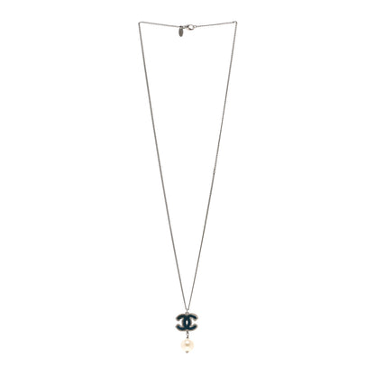 Chanel Enamel CC Pearl Drop Necklace Blue Silver 3 of 6