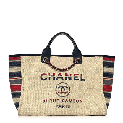 Chanel Striped Canvas Medium Deauville Tote Beige 1 of 13
