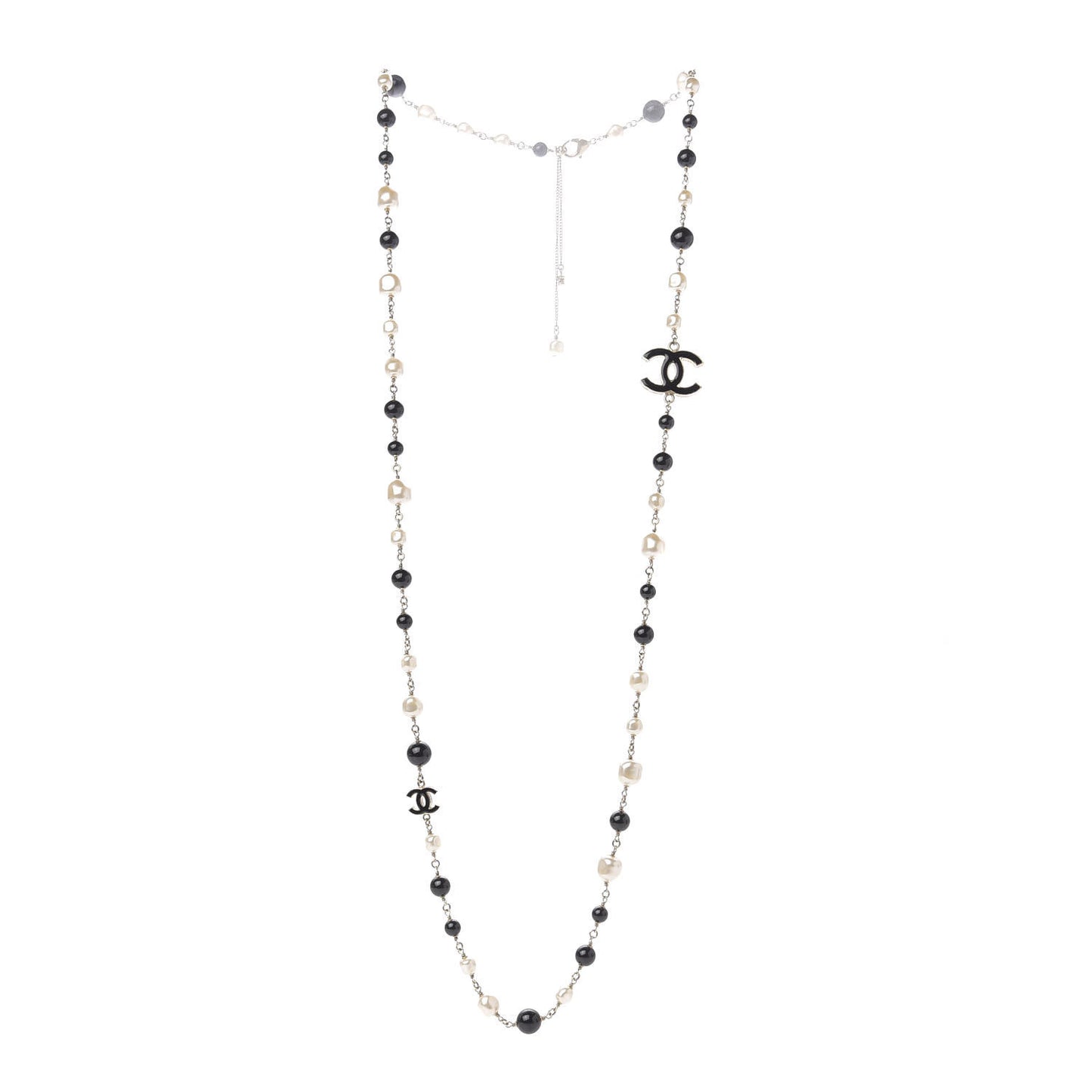 Pearl Beaded Crystal CC Long Necklace Gold Black White