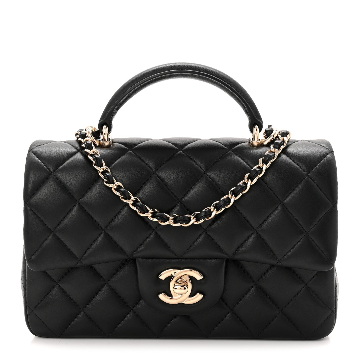 Lambskin Quilted Mini Top Handle Rectangular Flap Black