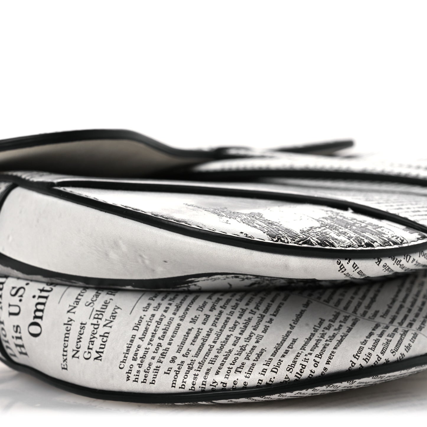 Calfskin Newspaper Printed Saddle Bag With Strap Black White