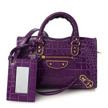 Balenciaga Calfskin Crocodile Embossed Gold Metallic Edge Hardware Nano City Purple 3 of 11