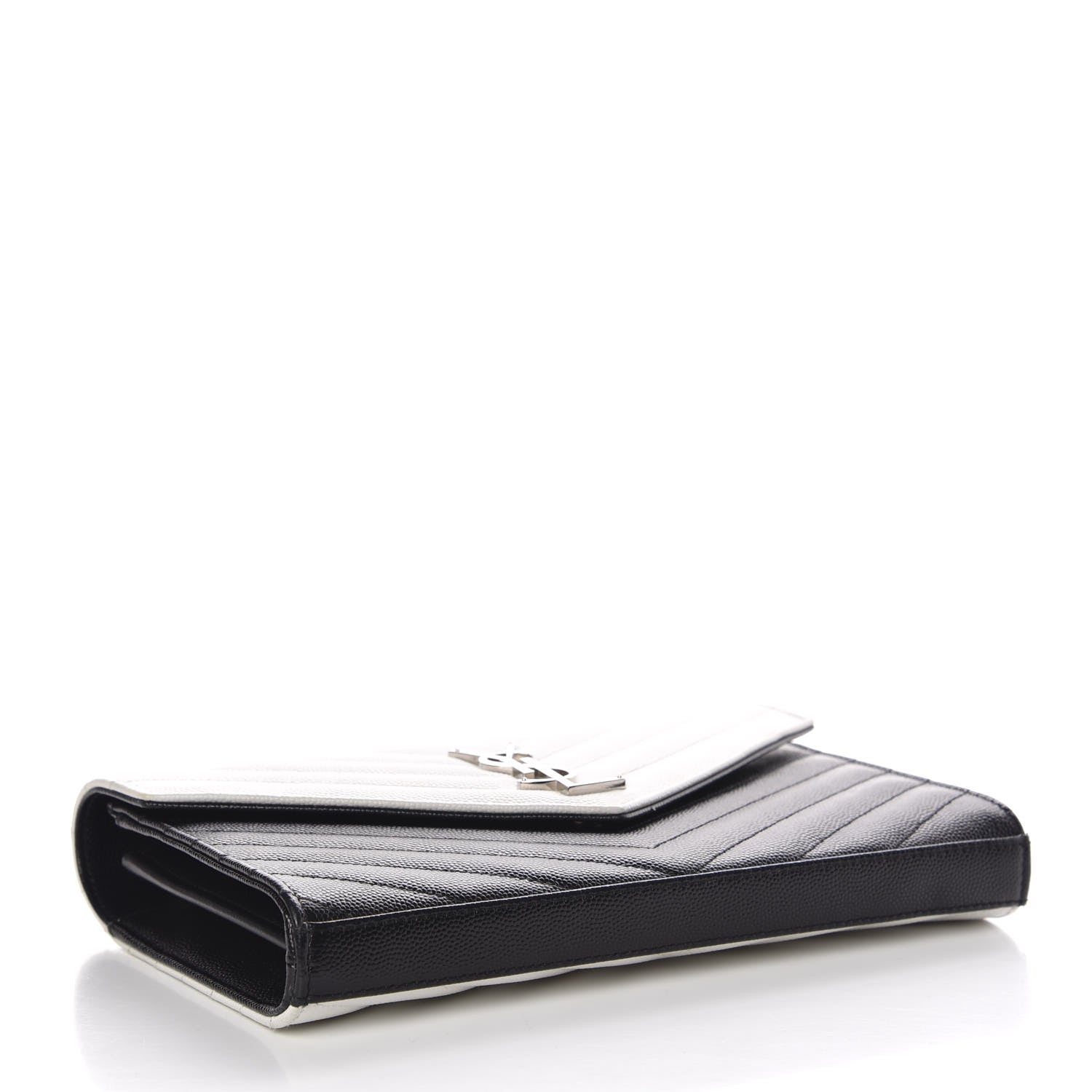 Saint Laurent Grain De Poudre Matelasse Chevron Bi-Color Monogram Chain Wallet White Black 4 of 13