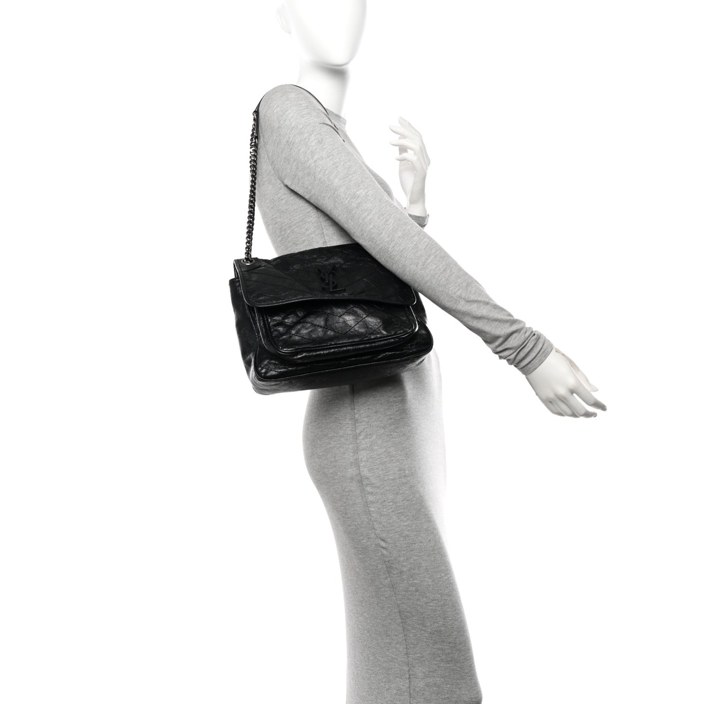 Crinkled Calfskin Matelasse Monogram Medium Niki Chain Satchel Black