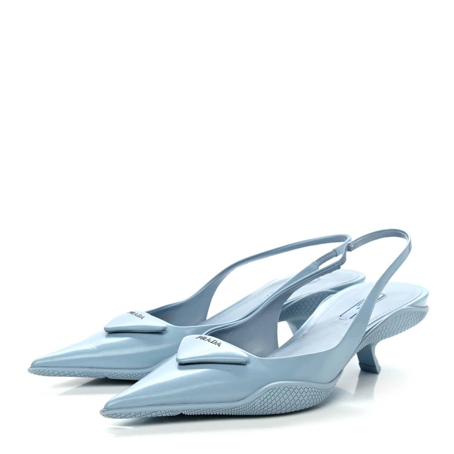 Prada Spazzolato Triangle Logo Pointed Toe 45mm Slingback Pumps 38.5 Cielo 3 of 9