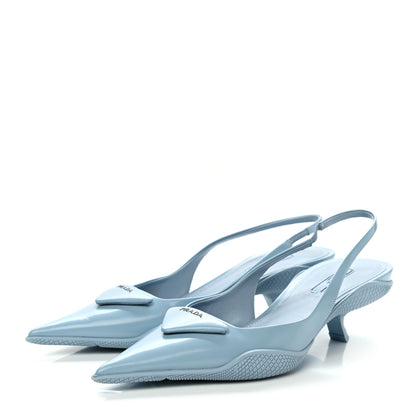 Prada Spazzolato Triangle Logo Pointed Toe 45mm Slingback Pumps 38.5 Cielo 3 of 9