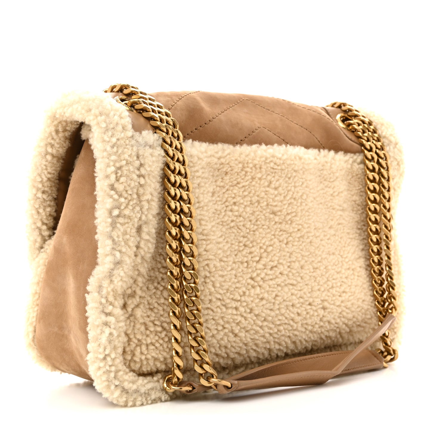 Nubuck Shearling Monogram Medium Niki Chain Satchel Ivory Natural Tan