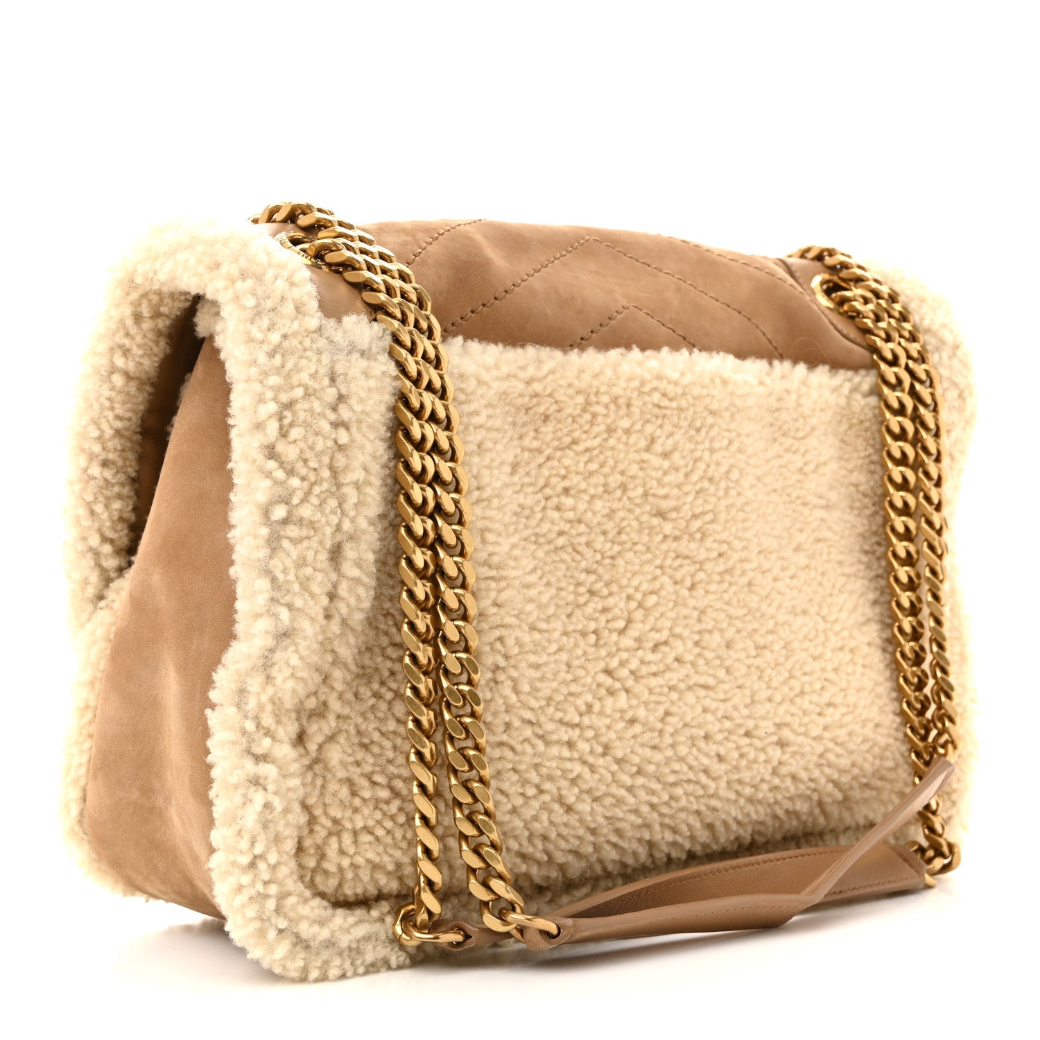 Saint Laurent Nubuck Shearling Monogram Medium Niki Chain Satchel Ivory Natural Tan 3 of 13