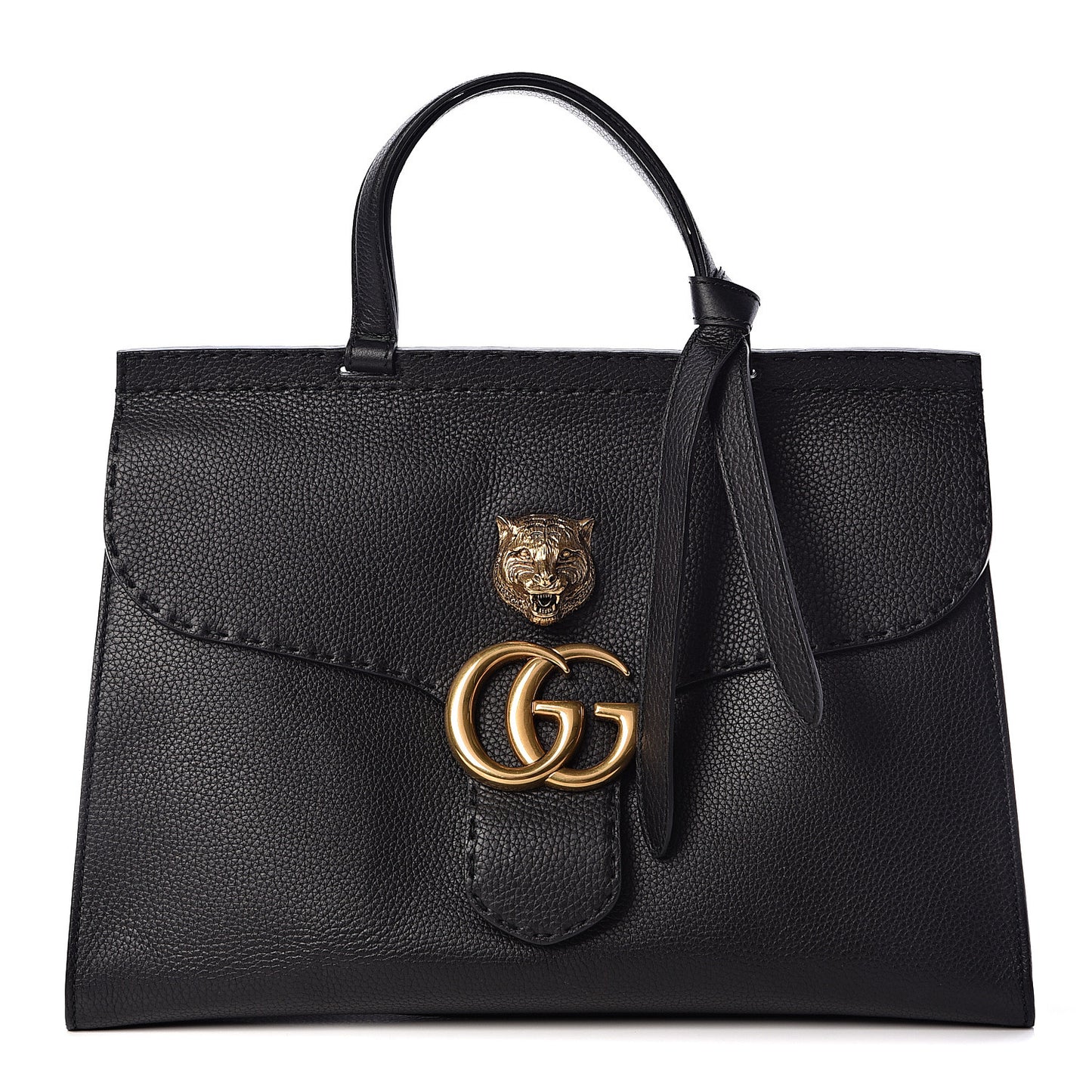 Calfskin Feline Medium GG Marmont Top Handle Bag Black
