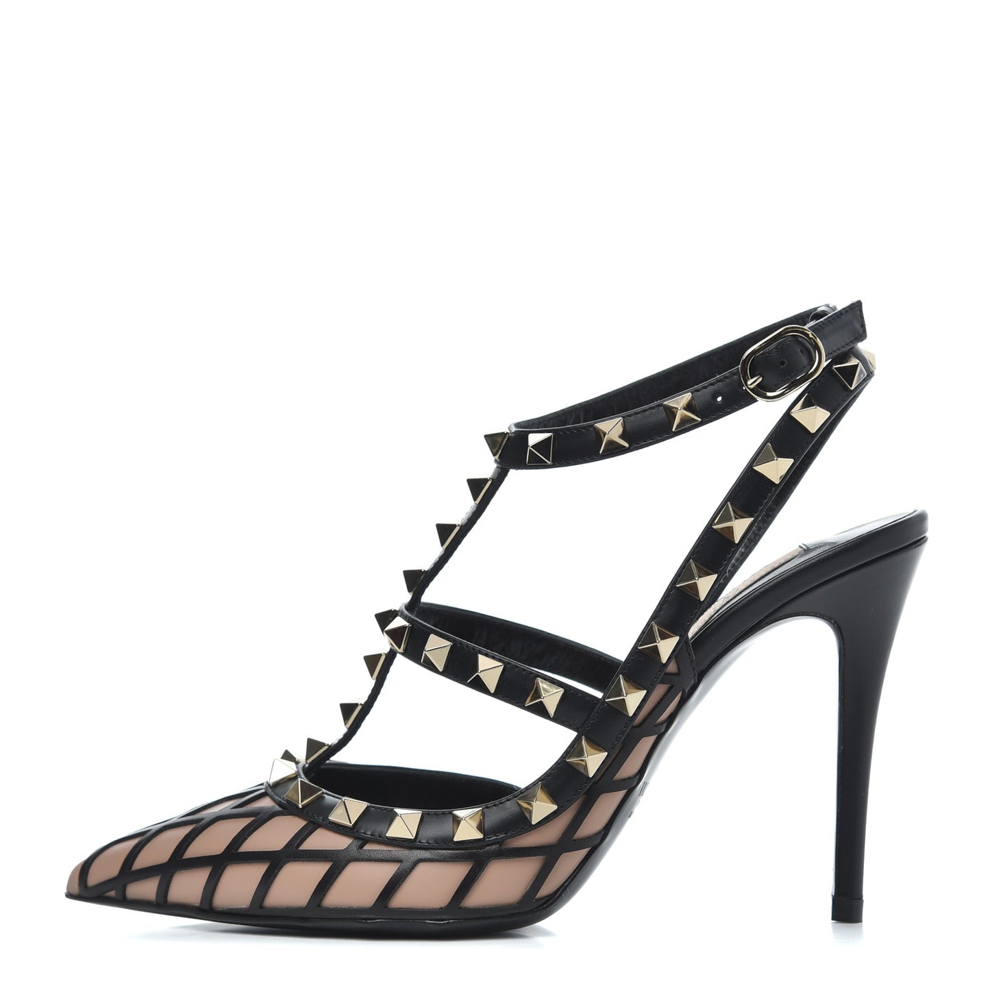 Calfskin Nappa Boudoir Rockstud Ankle Strap 100mm Pumps 36.5 Rose Cannelle Black
