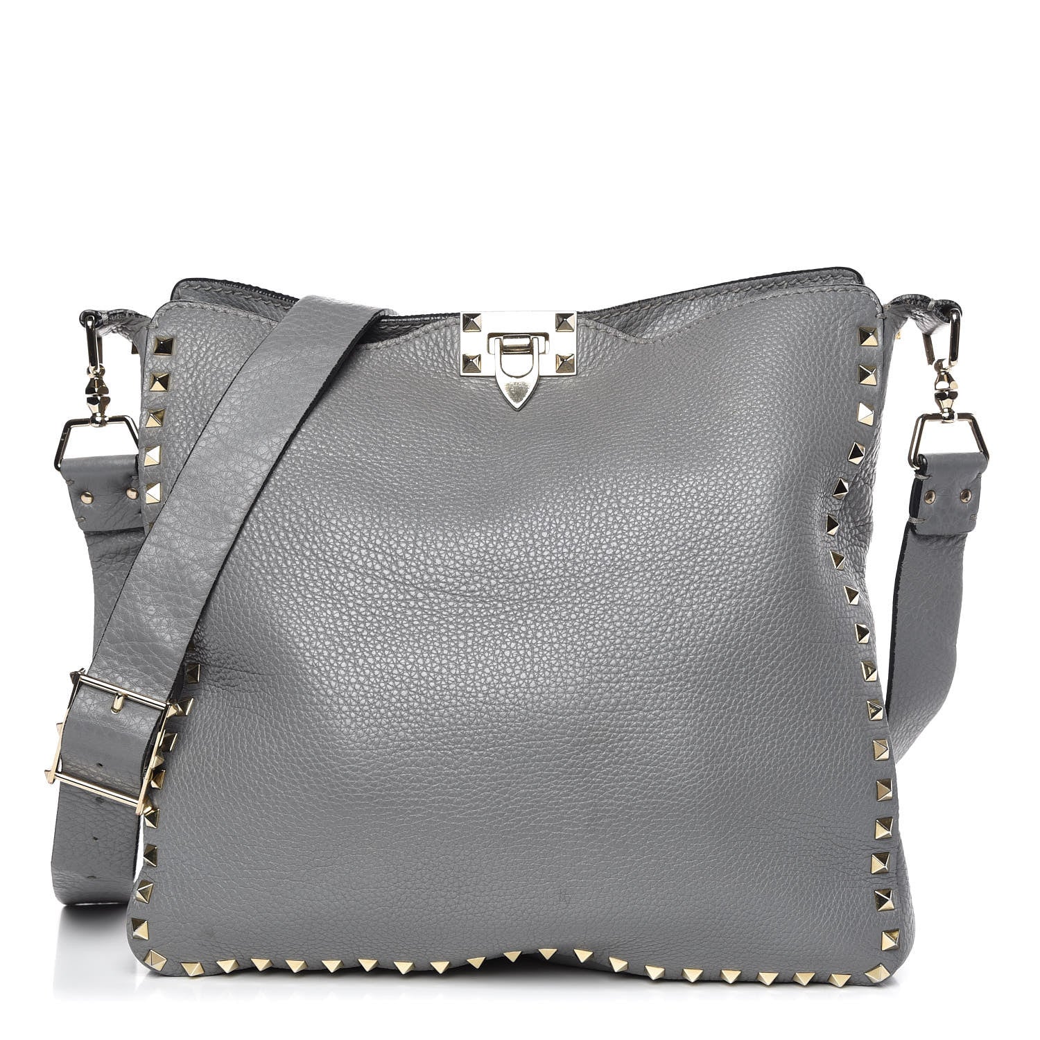 Valentino Garavani Pebbled Calfskin Large Rockstud Flip-Lock Messenger Bag Grigio Perla 1 of 14