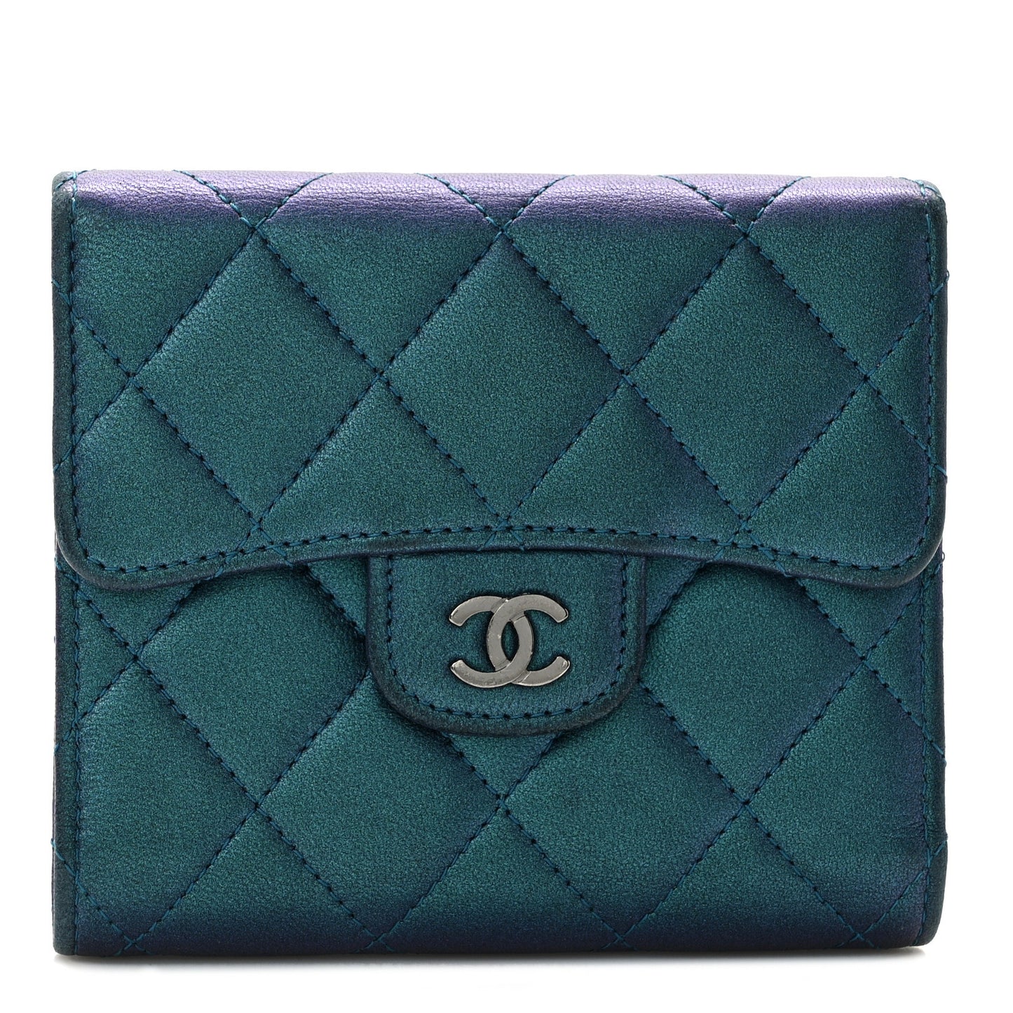 Metallic Lambskin Quilted Compact Flap Wallet Turquoise