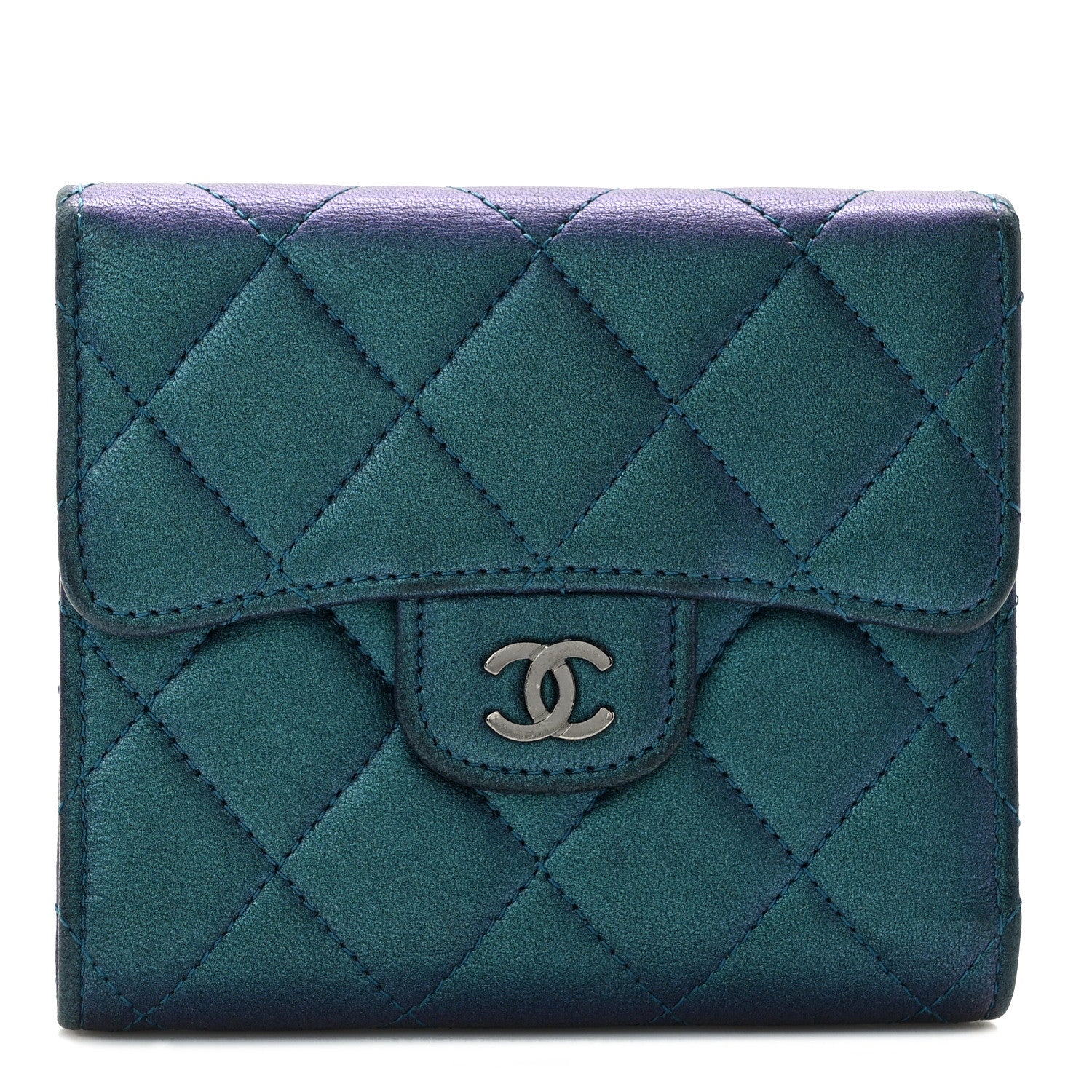 Chanel Metallic Lambskin Quilted Compact Flap Wallet Turquoise 1 of 10