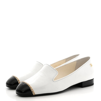 Chanel Patent Cap Toe Chain Moccasin Loafers 36.5 White Black 3 of 8