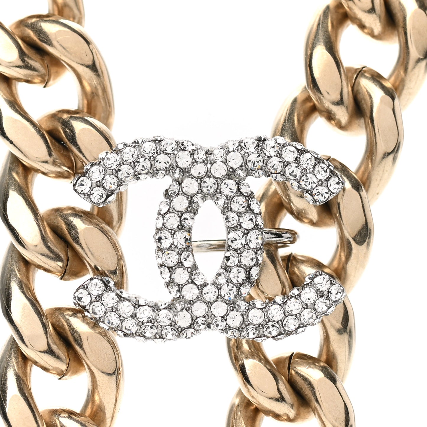 Chain Link Crystal CC Dog Tag Charm Necklace Gold