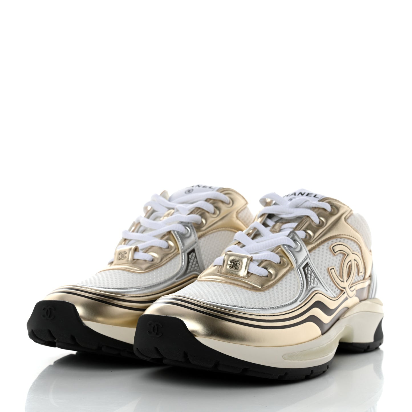 Fabric Laminated Calfskin Stretch CC Womens Sneakers 40 White Silver