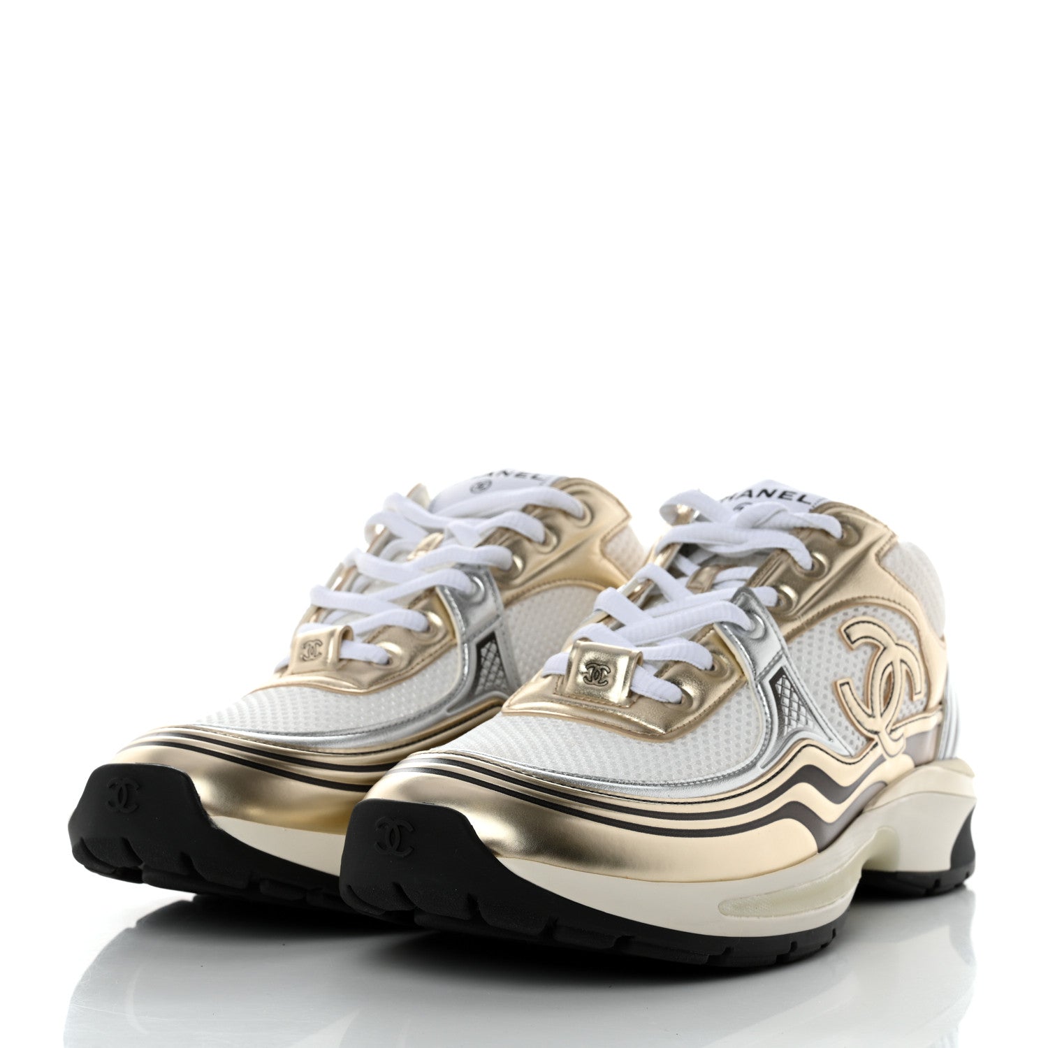 Chanel Fabric Laminated Calfskin Stretch CC Womens Sneakers 40 White Silver 3 of 9