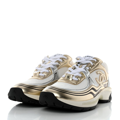 Chanel Fabric Laminated Calfskin Stretch CC Womens Sneakers 40 White Silver 3 of 9