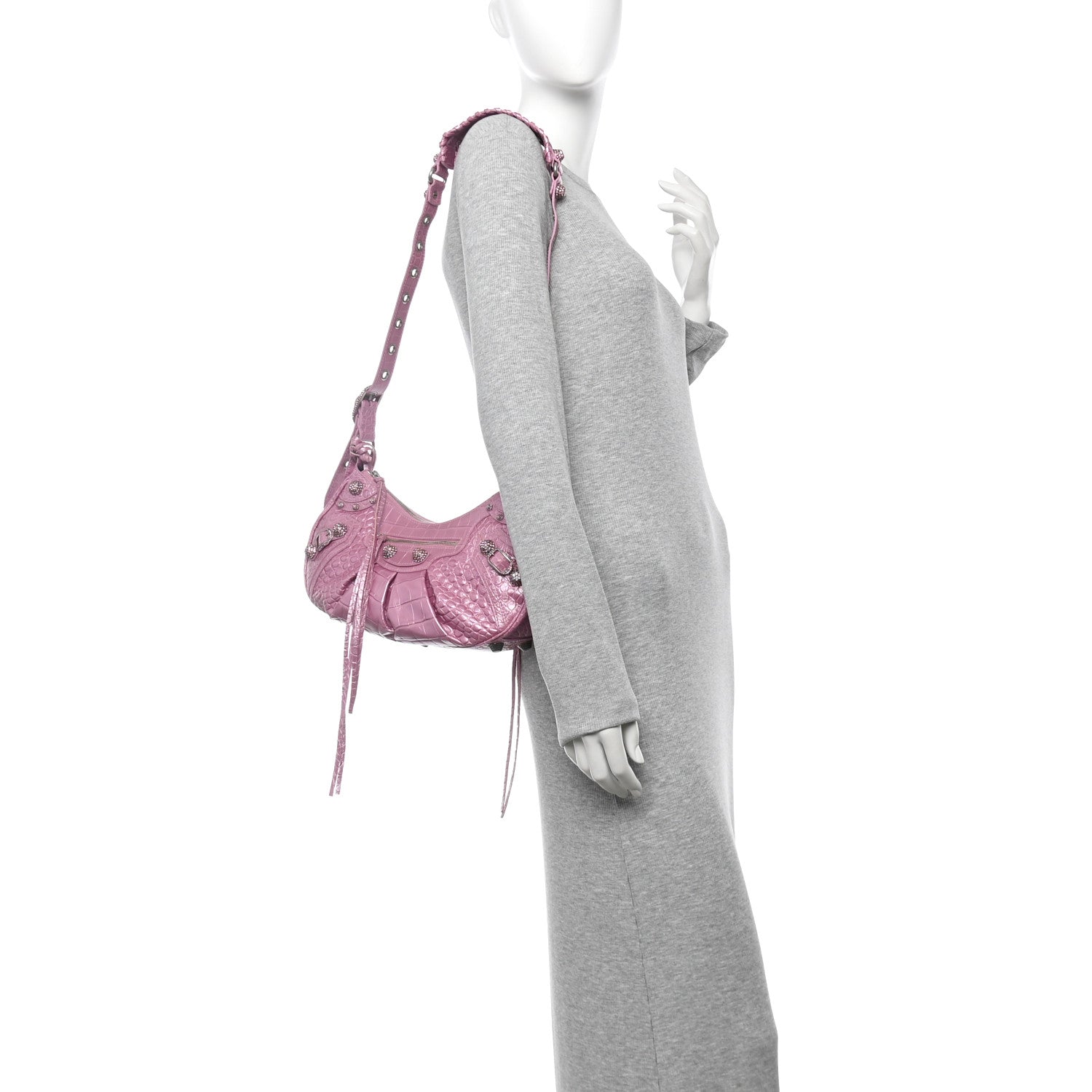Balenciaga Metallic Extra Supple Calfskin Crystal Crocodile Embossed Small Le Cagole Shoulder Bag Pink 2 of 16