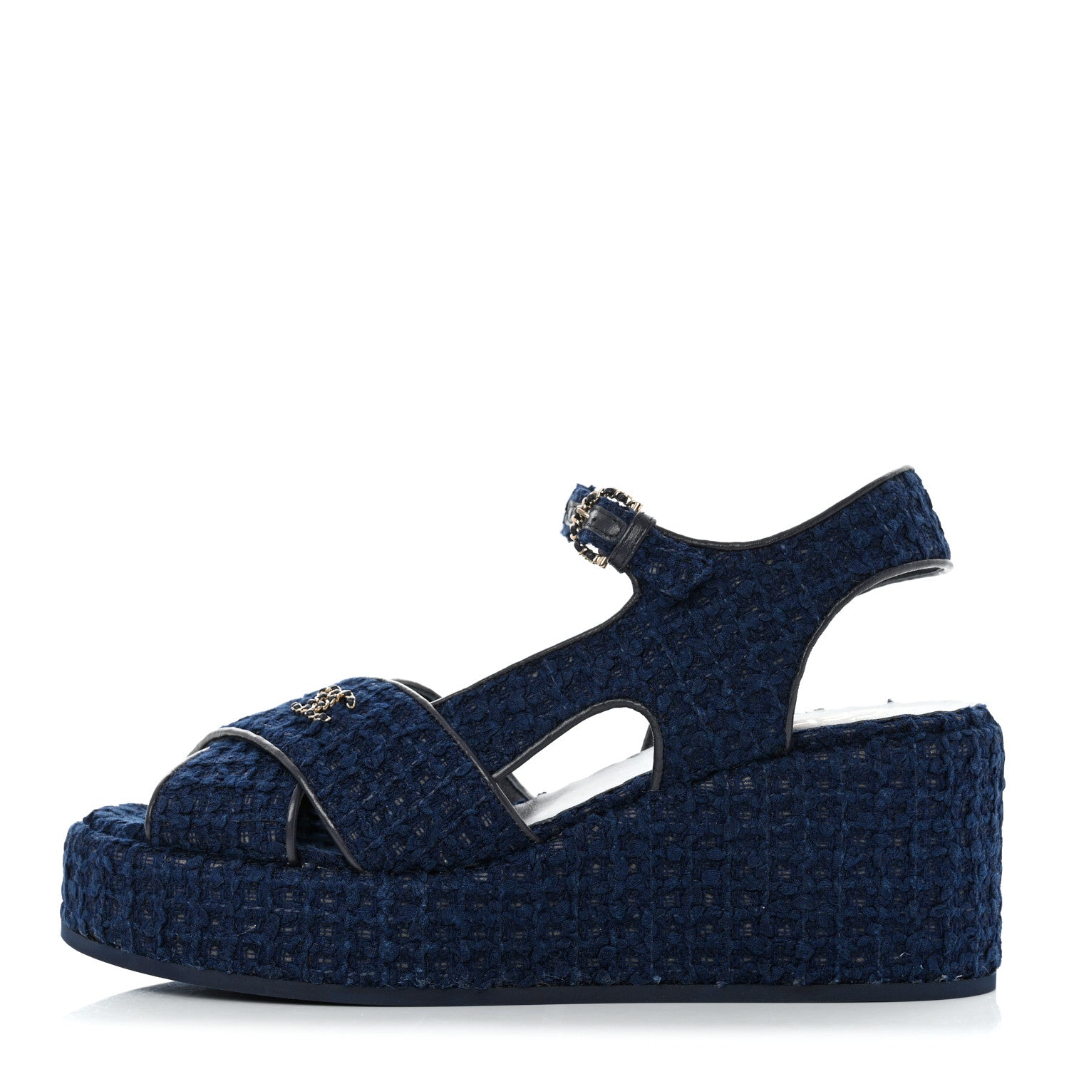 Chanel Cotton Tweed Quilted CC Platform Sandals 40 Blue 1 of 9