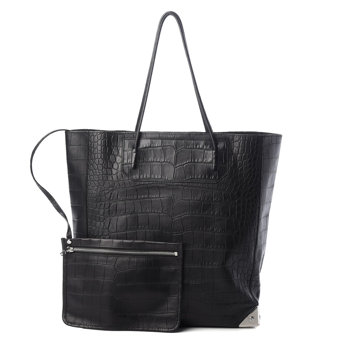 Calfskin Crocodile Embossed Prisma Skeletal Tote Black Silver Hardware