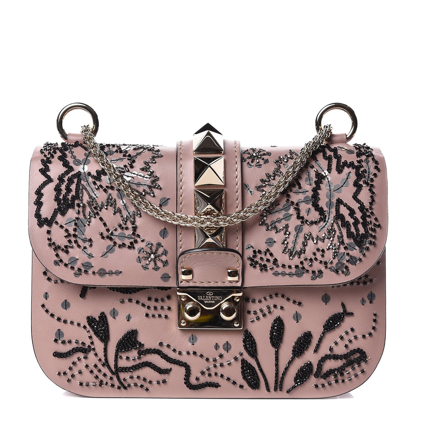 Vitello Sequin Embellished Small Glam Lock Rockstud Flap Poudre