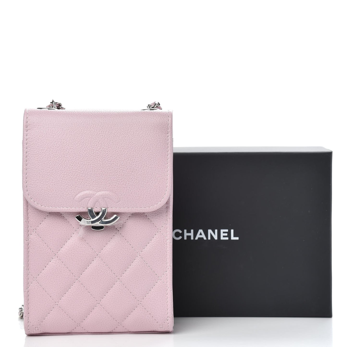 Grained Calfskin Quilted CC Box Clutch With Chain Rose