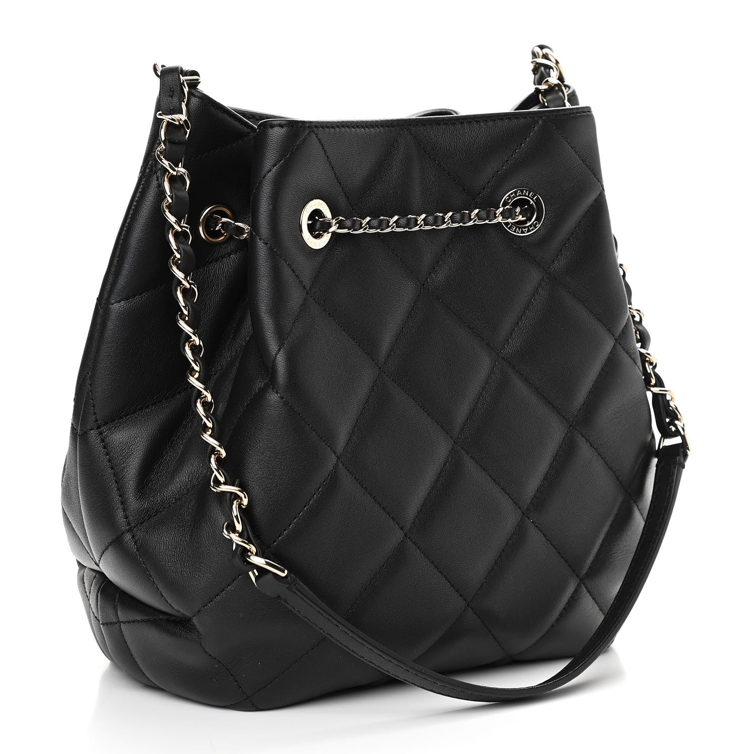 Chanel Lambskin Quilted CC Dweller Drawstring Bucket Bag Black 3 of 10