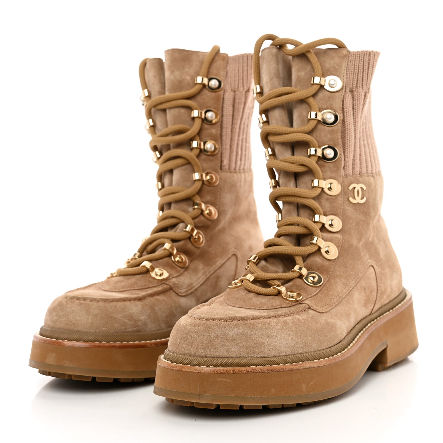 Suede Knit Lace Up Combat Boots 36 36 Brown