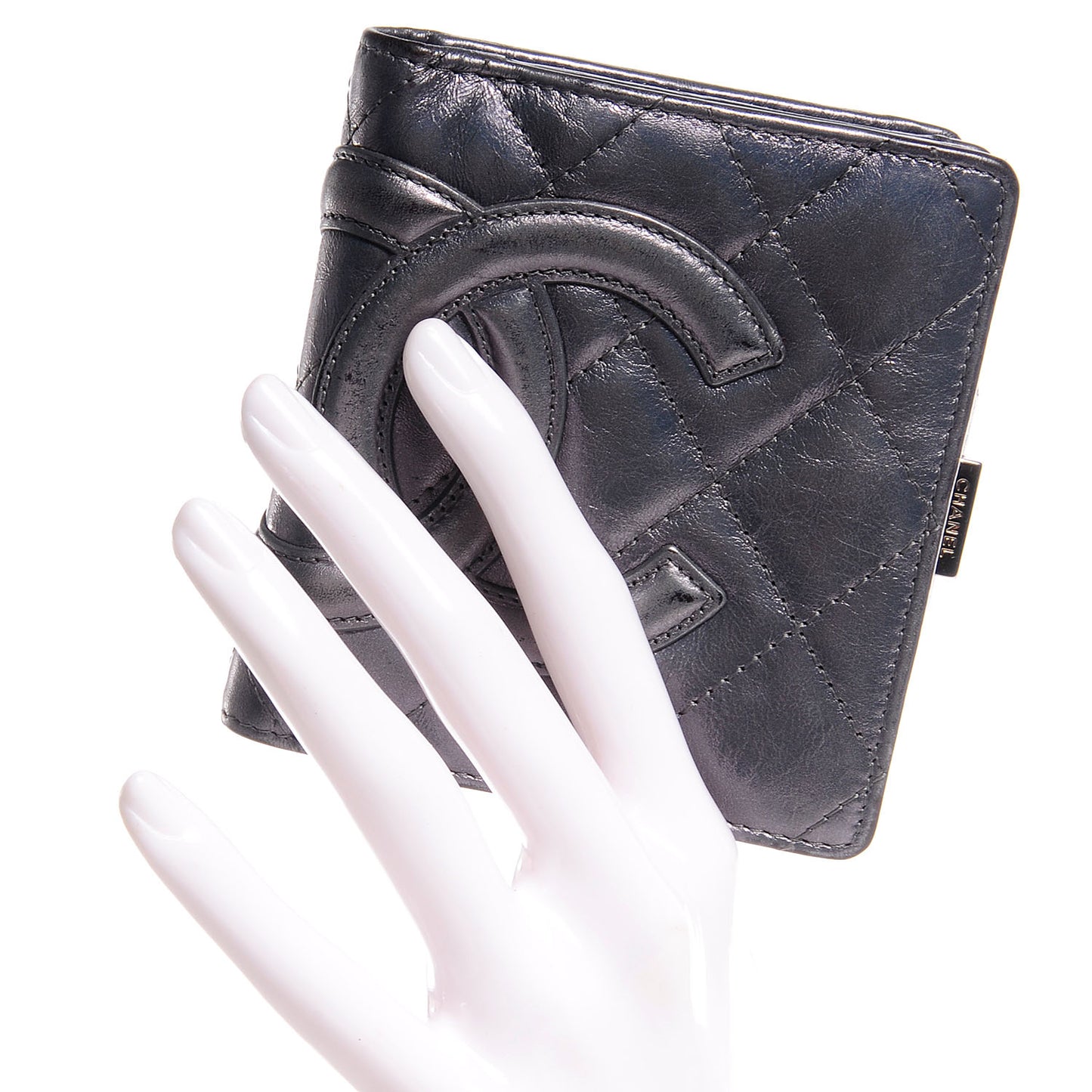 Metallic Calfskin Quilted Cambon Compact Wallet Dark Silver