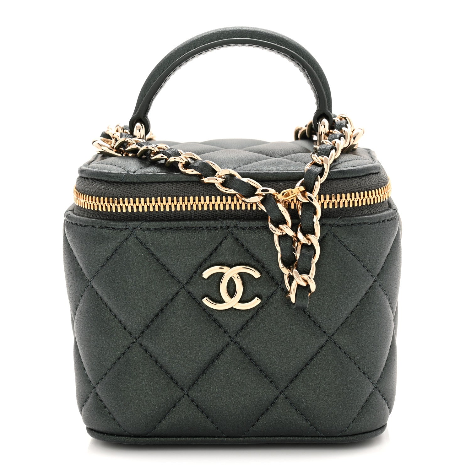 Chanel Iridescent Lambskin Quilted Mini Top Handle Vanity Case With Chain Dark Green 1 of 10