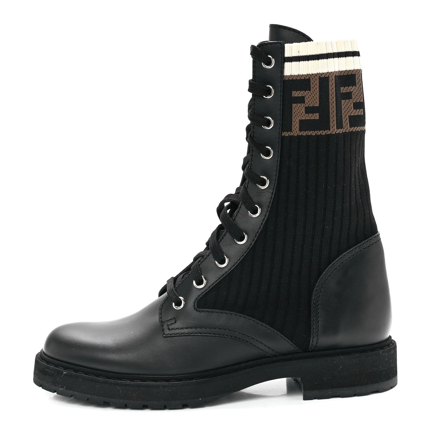 Fendi Calfskin Stretch Fabric Rockoko Biker Boots 38 Tobacco Black Marino 1 of 8