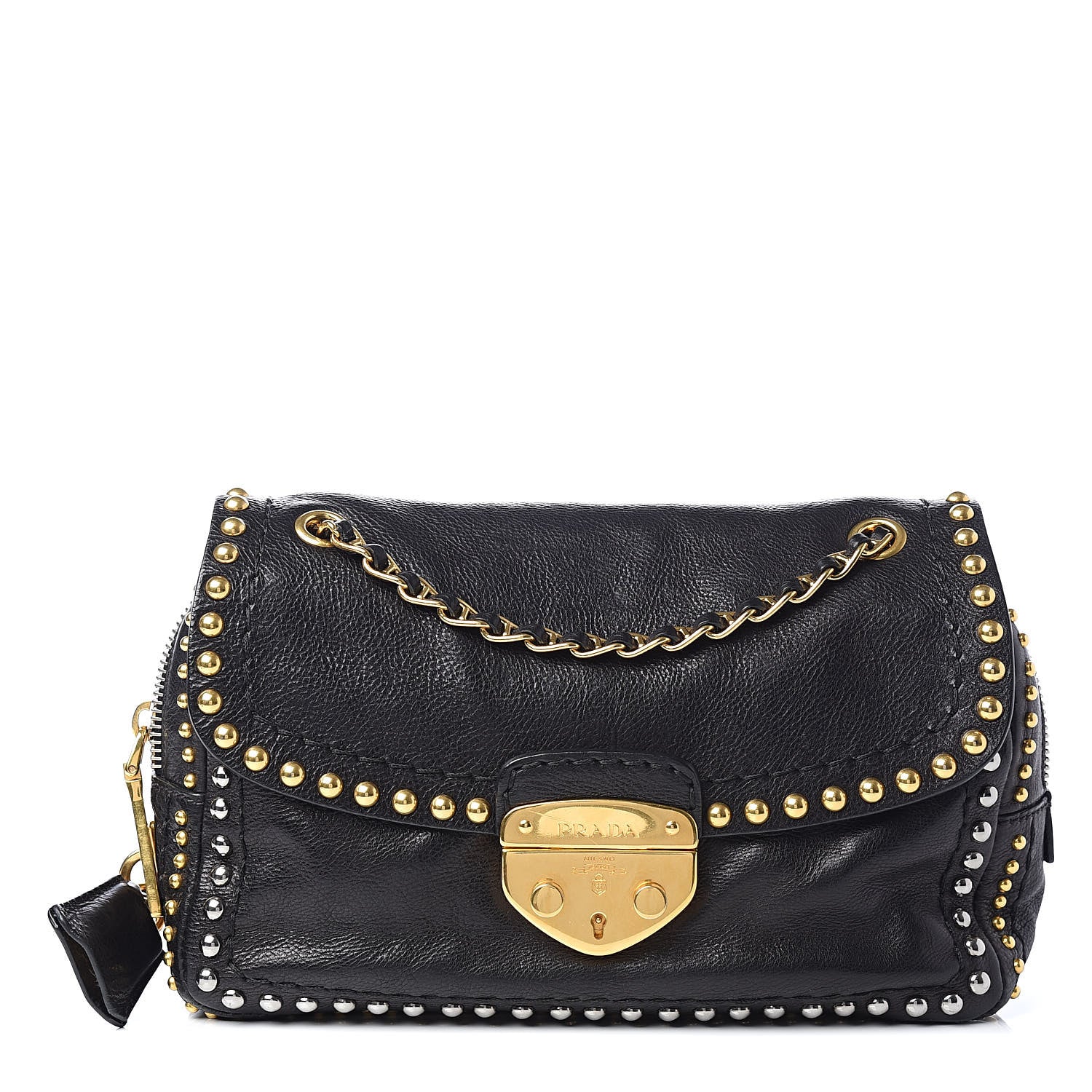 Prada Glace Calf Studded Pushlock Chain Shoulder Bag Black 1 of 10