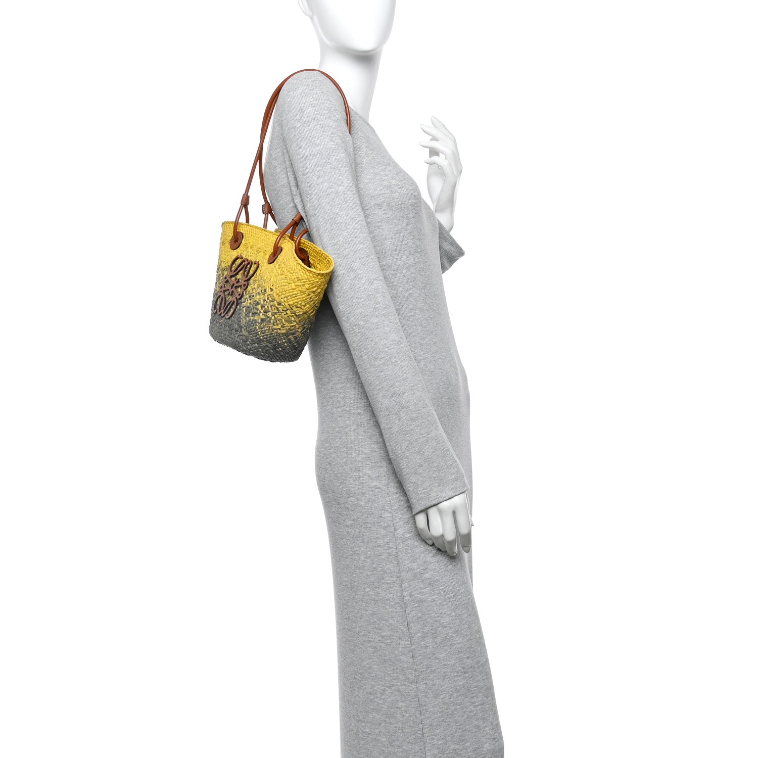 Loewe Calfskin Raffia Paulas Ibiza Small Anagram Basket Tote Bag Yellow Green 2 of 10